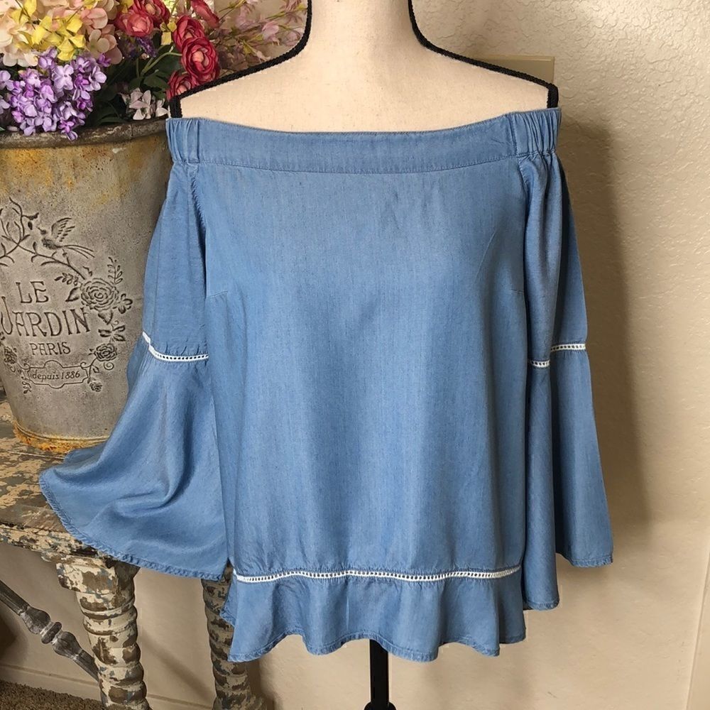NEW INC chambray off shoulder bell sleeve top NWT